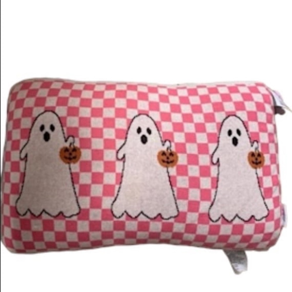 HEY BOO 22x14” PINK CHECKERED Ghost Pumpkin Pillow Jack-O Lantern Halloween NEW